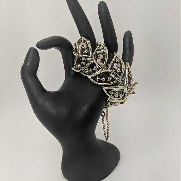 Rousseau Link BRACELET Gold Tone Panels Tail Leaf Fold Over Clasp Safety Chain - Picture 2 of 6